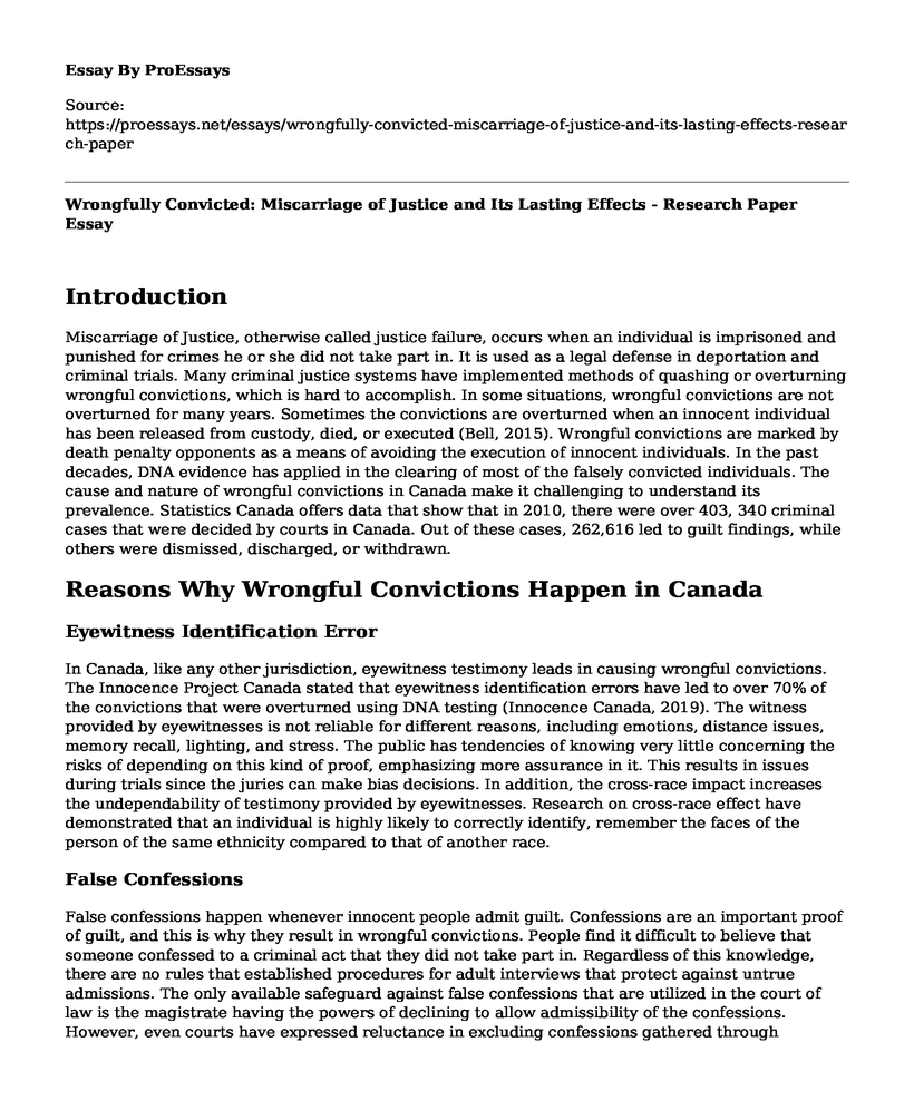 Wrongfully Convicted: Miscarriage of Justice and Its Lasting Effects - Research Paper