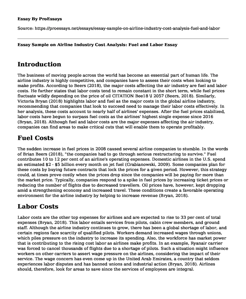 Essay Sample on Airline Industry Cost Analysis: Fuel and Labor