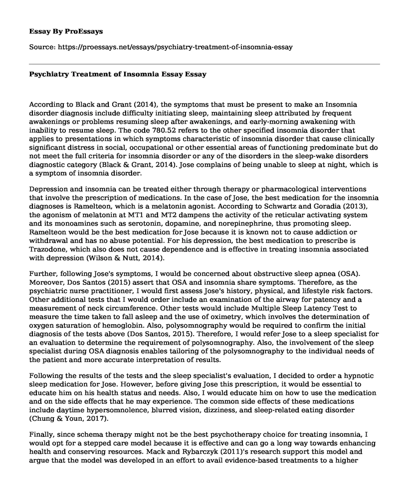 Psychiatry Treatment of Insomnia Essay