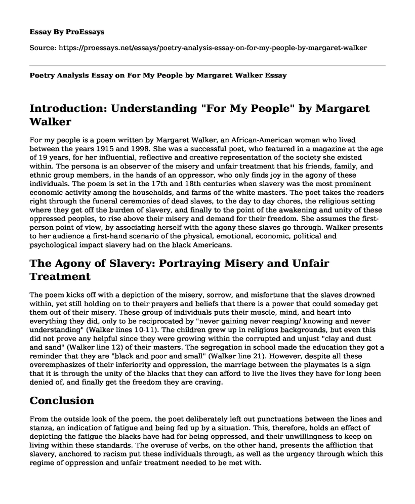 Poetry Analysis Essay on For My People by Margaret Walker