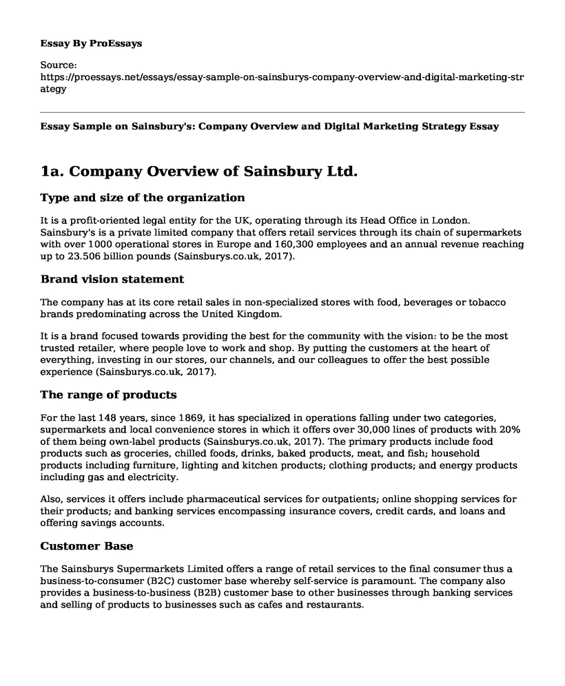 Essay Sample on Sainsbury's: Company Overview and Digital Marketing Strategy