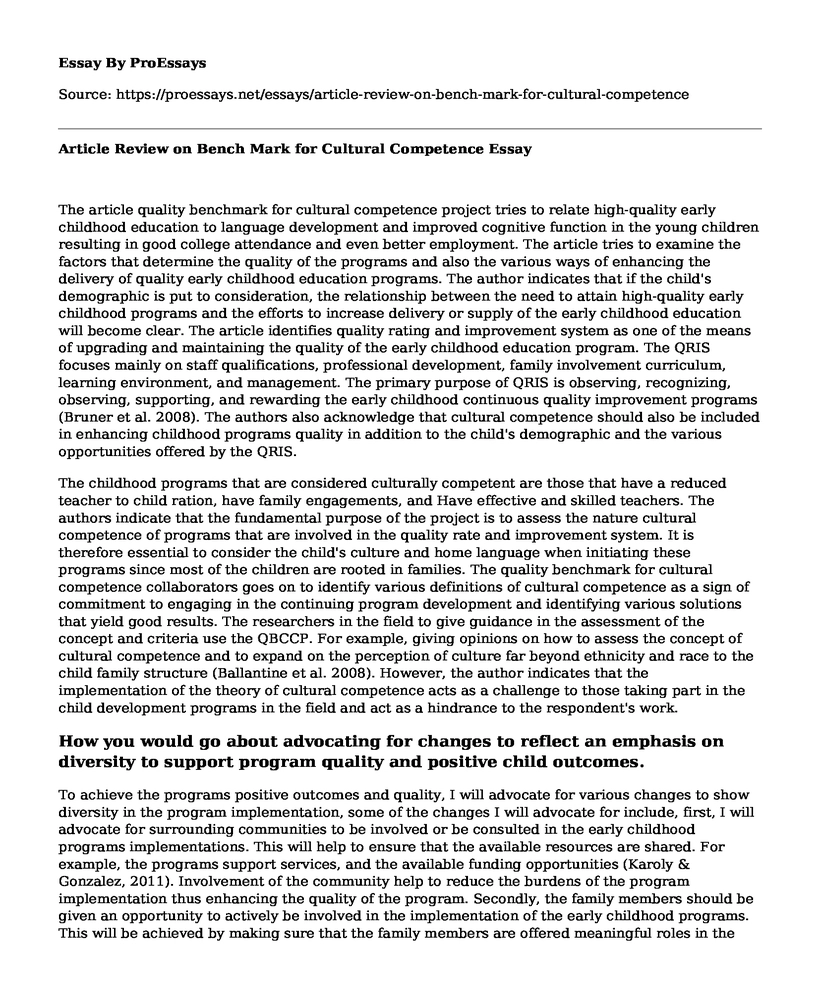 Article Review on Bench Mark for Cultural Competence