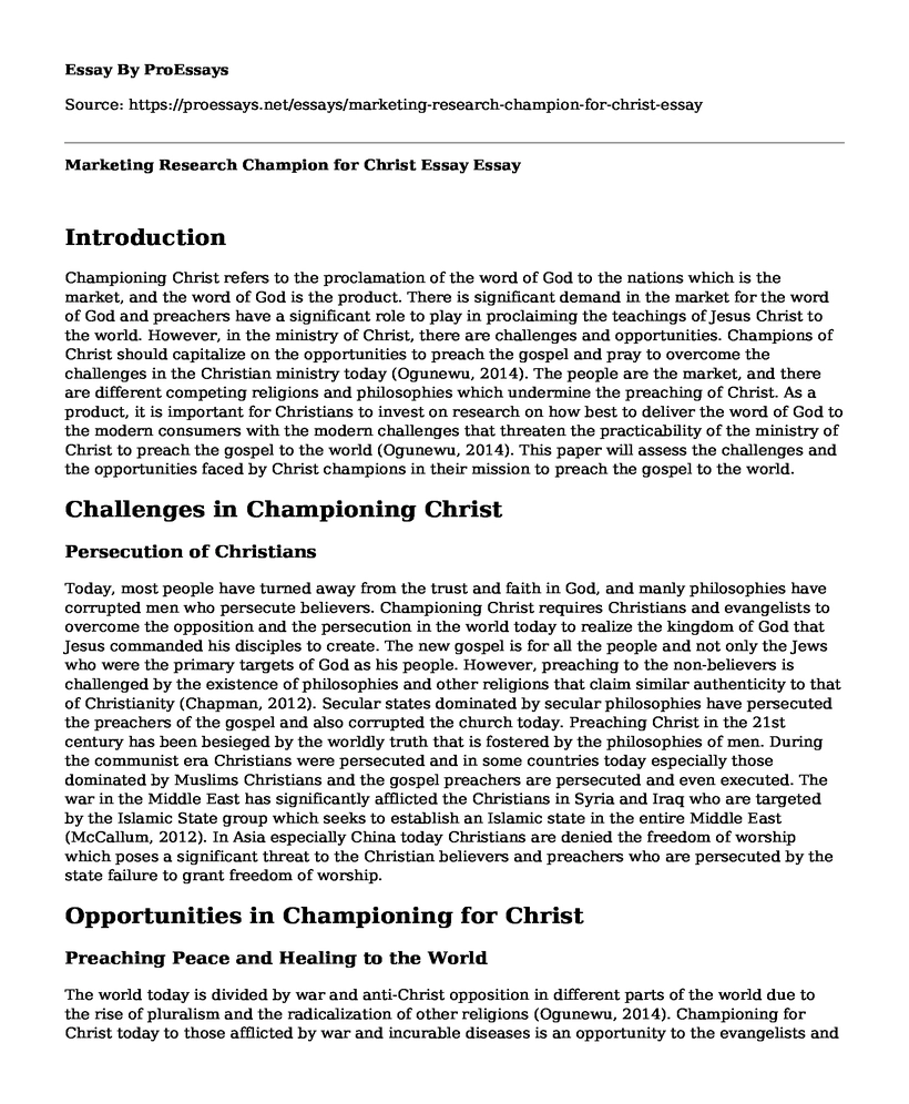 Marketing Research Champion for Christ Essay