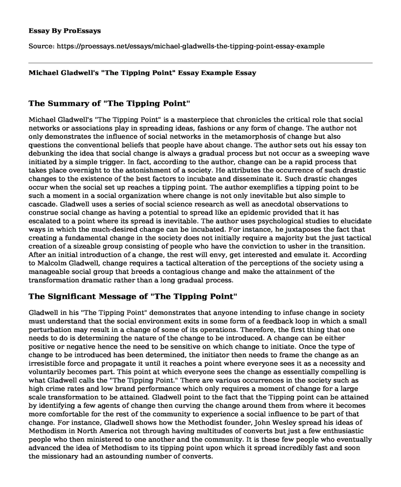 Michael Gladwell's "The Tipping Point" Essay Example
