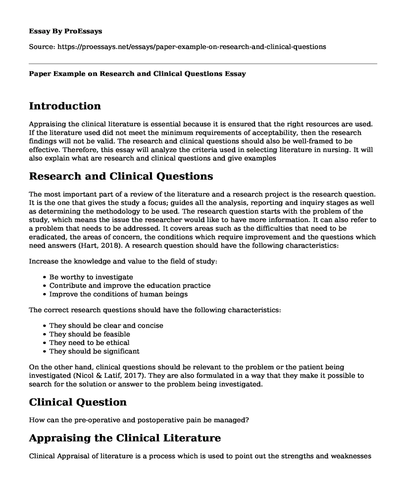 Paper Example on Research and Clinical Questions
