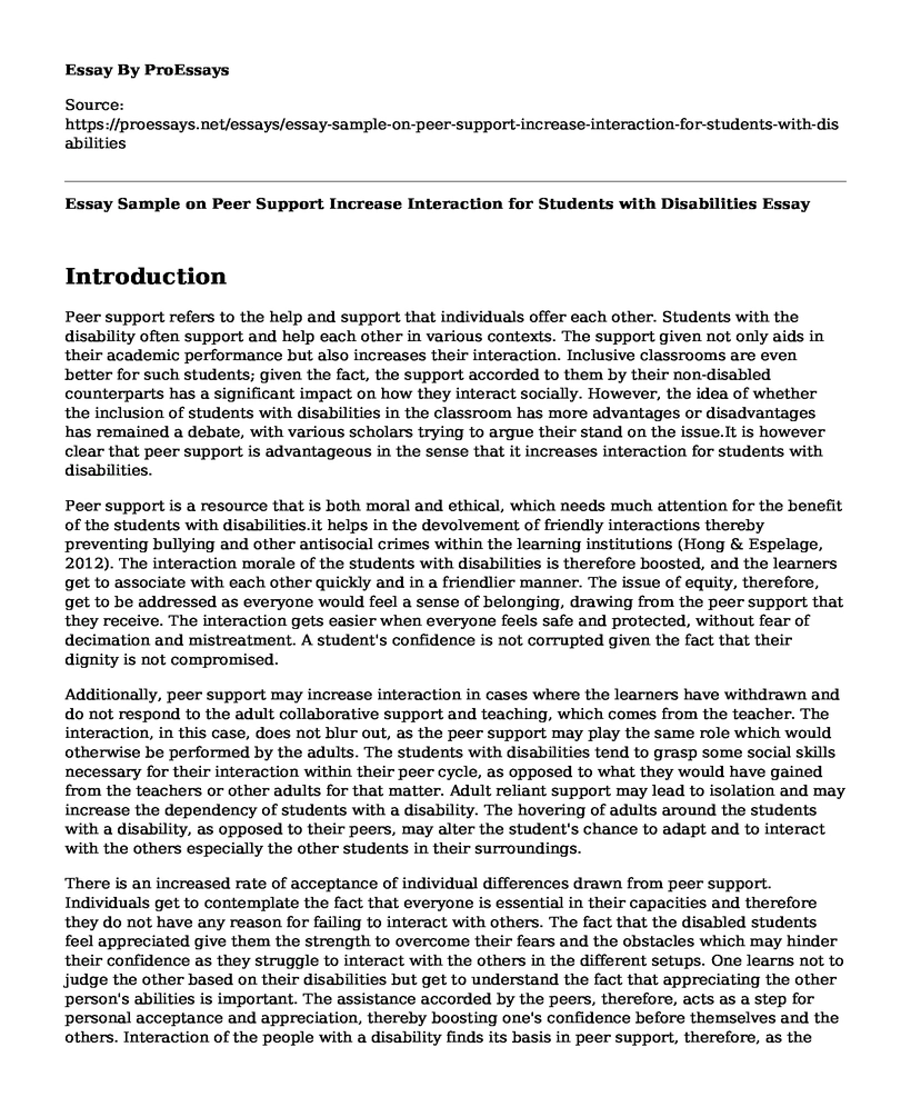 Essay Sample on Peer Support Increase Interaction for Students with Disabilities