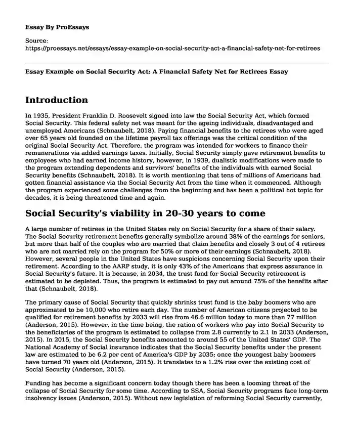Essay Example on Social Security Act: A Financial Safety Net for Retirees