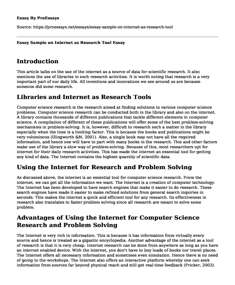 Essay Sample on Internet as Research Tool