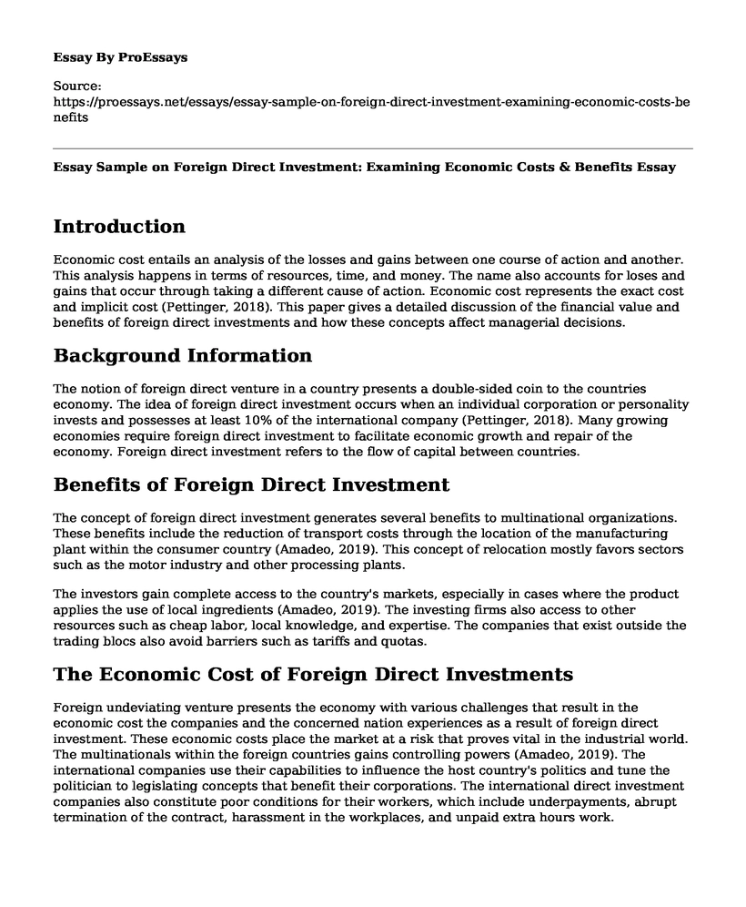 Essay Sample on Foreign Direct Investment: Examining Economic Costs & Benefits