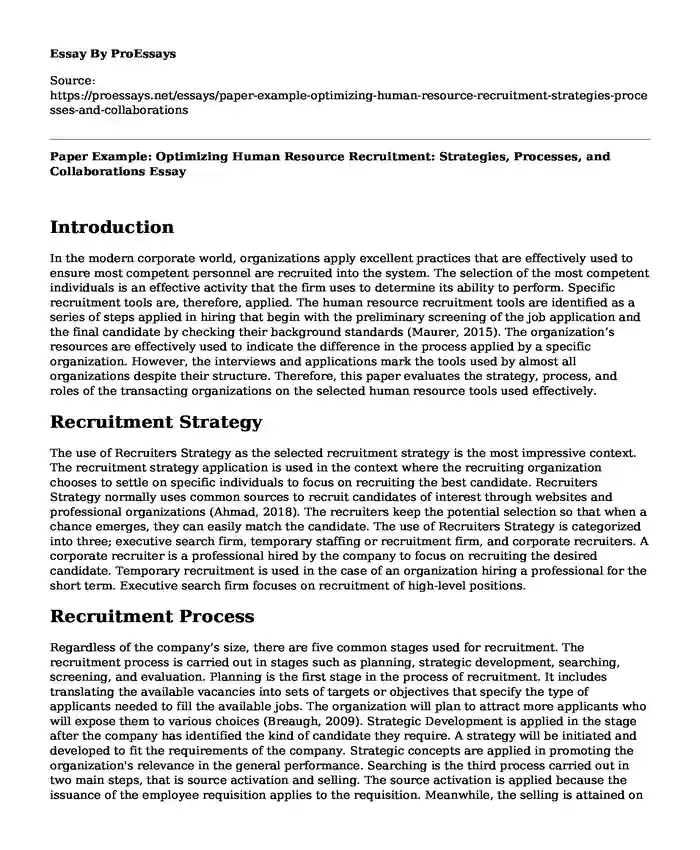 Paper Example: Optimizing Human Resource Recruitment: Strategies, Processes, and Collaborations