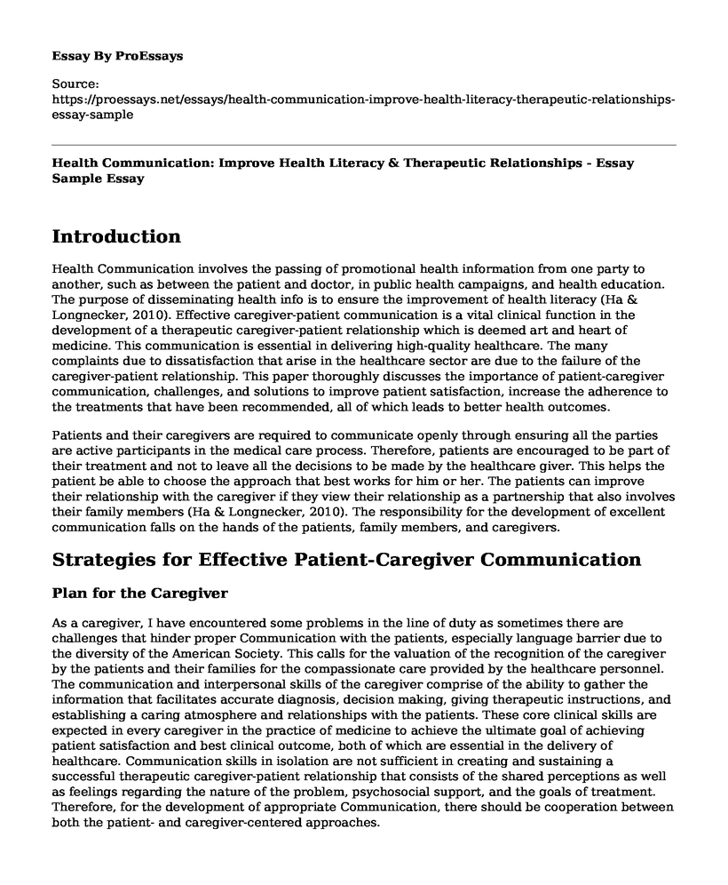 Health Communication: Improve Health Literacy & Therapeutic Relationships - Essay Sample