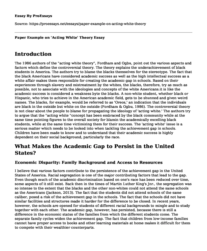 Paper Example on 'Acting White' Theory