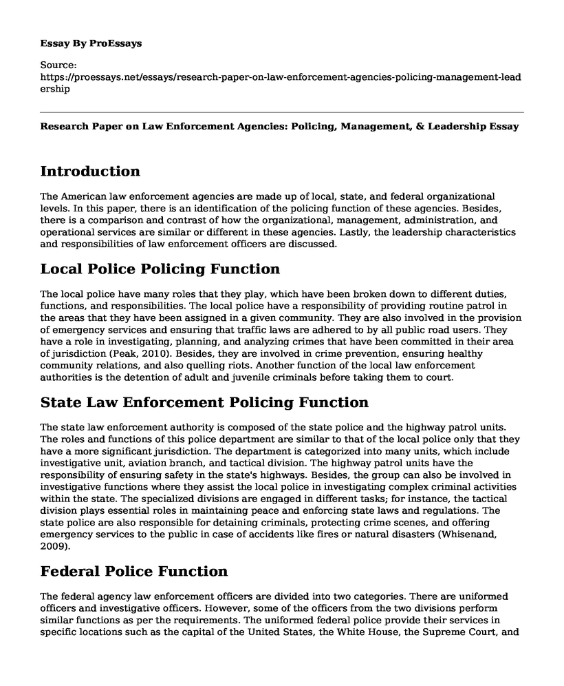 Research Paper on Law Enforcement Agencies: Policing, Management, & Leadership