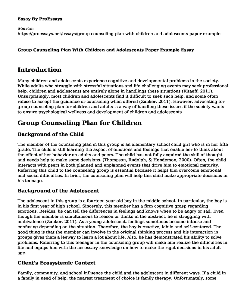 Group Counseling Plan With Children and Adolescents Paper Example