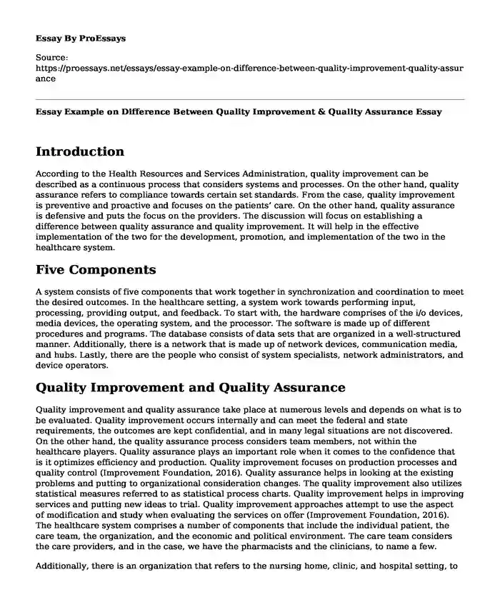 Essay Example on Difference Between Quality Improvement & Quality Assurance