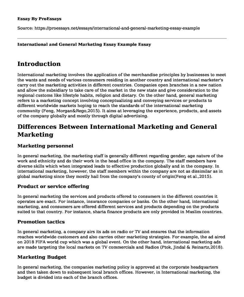 International and General Marketing Essay Example