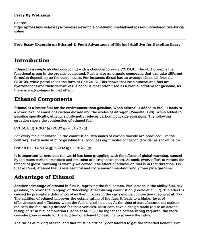 Free Essay Example on Ethanol & Fuel: Advantages of Biofuel Additive for Gasoline