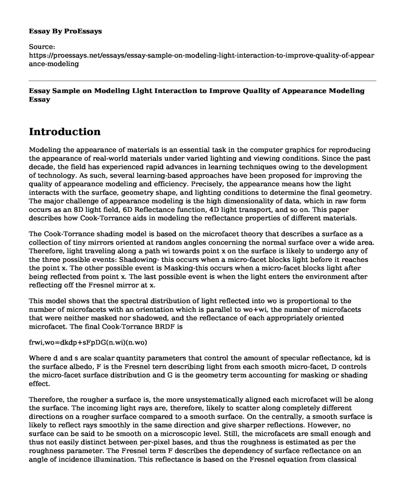 Essay Sample on Modeling Light Interaction to Improve Quality of Appearance Modeling