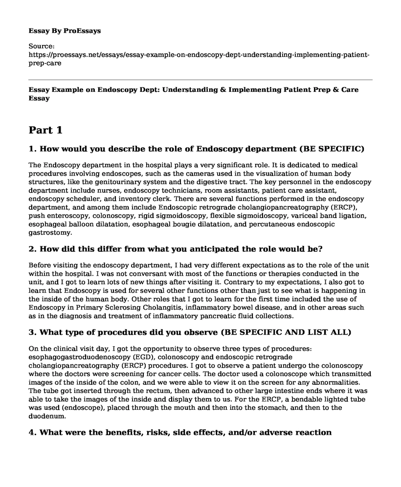 Essay Example on Endoscopy Dept: Understanding & Implementing Patient Prep & Care