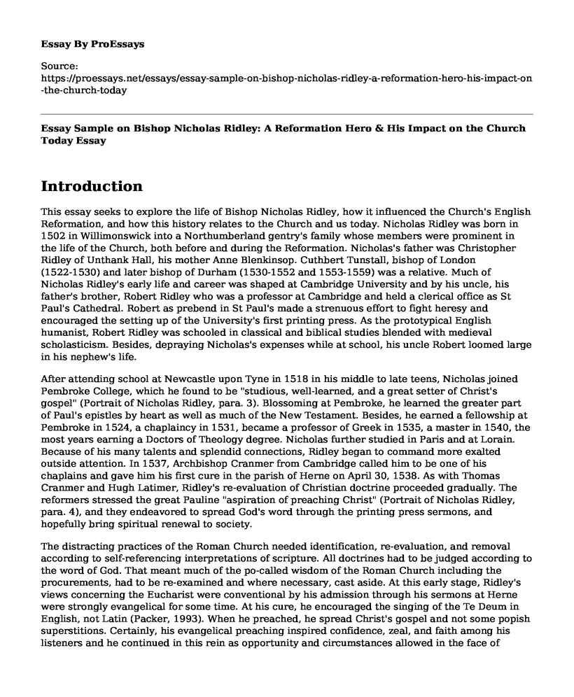 Essay Sample on Bishop Nicholas Ridley: A Reformation Hero & His Impact on the Church Today