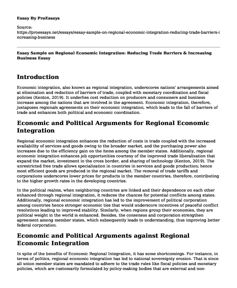 Essay Sample on Regional Economic Integration: Reducing Trade Barriers & Increasing Business