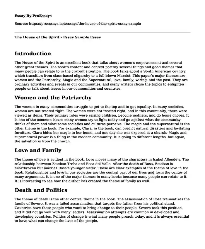 The House of the Spirit - Essay Sample