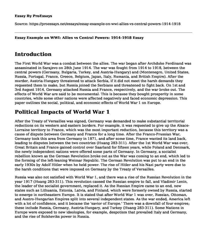 Essay Example on WWI: Allies vs Central Powers: 1914-1918