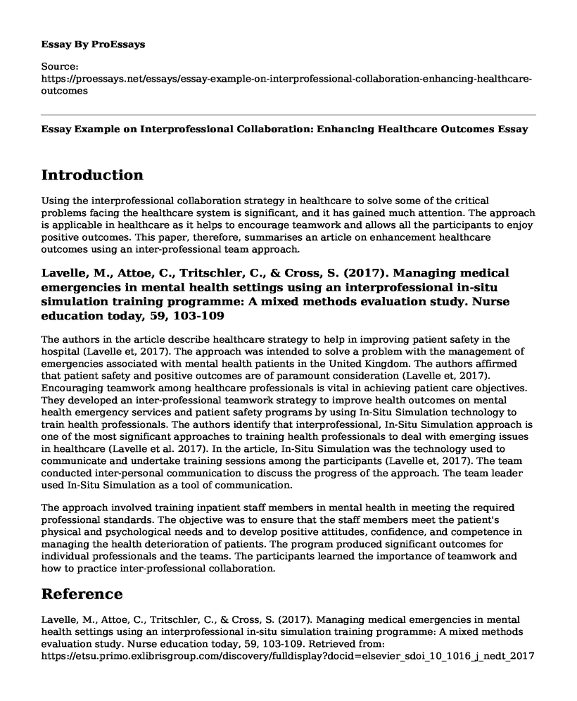 Essay Example on Interprofessional Collaboration: Enhancing Healthcare Outcomes