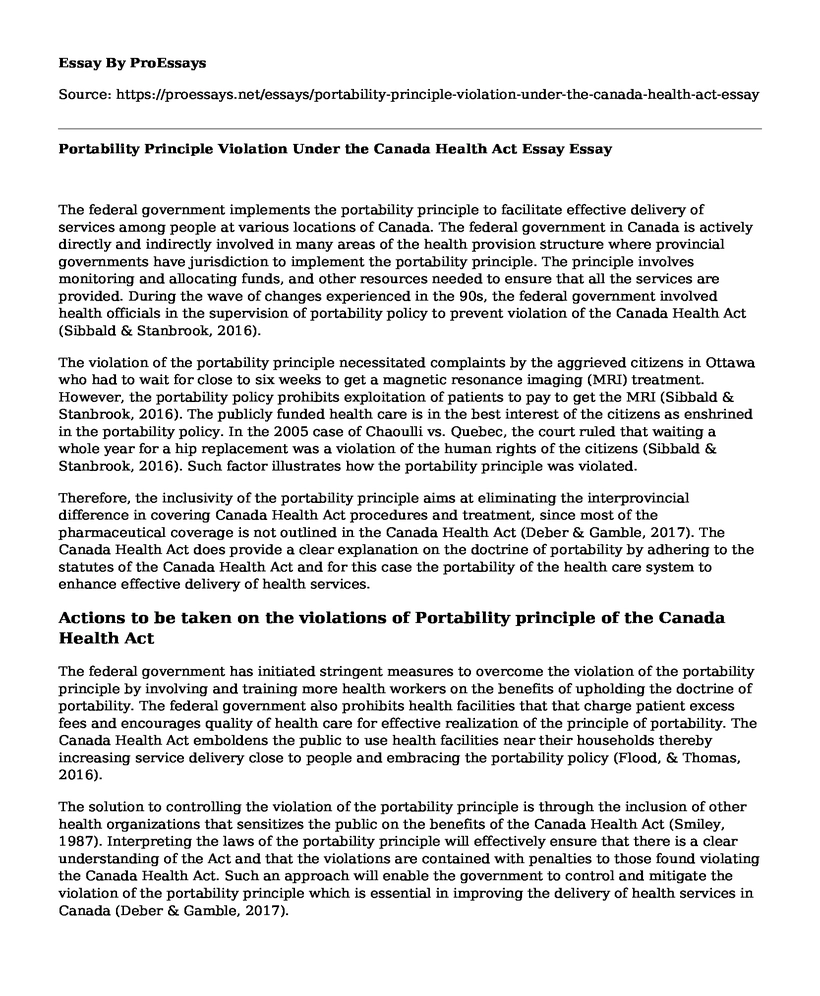Portability Principle Violation Under the Canada Health Act Essay
