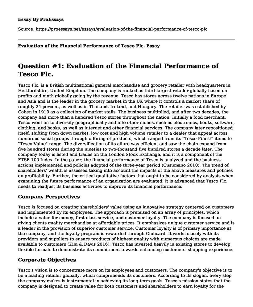 Evaluation of the Financial Performance of Tesco Plc.