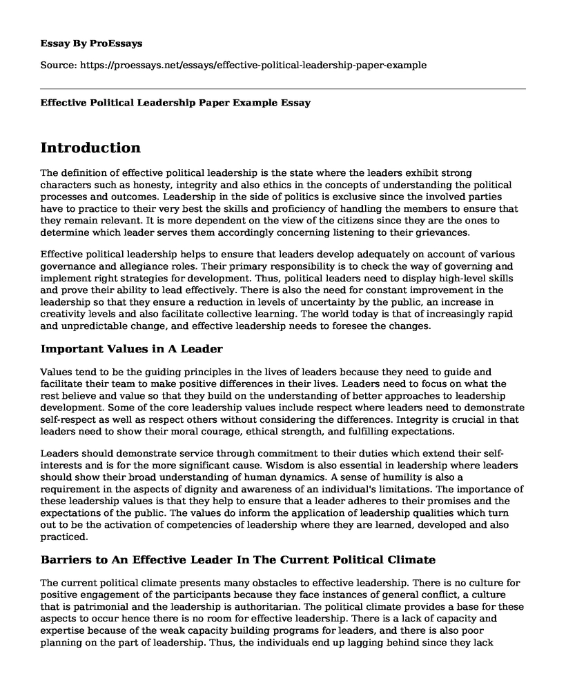 Effective Political Leadership Paper Example