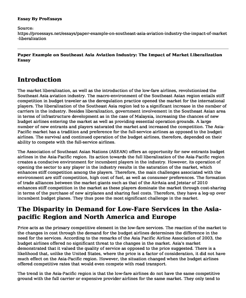 Paper Example on Southeast Asia Aviation Industry: The Impact of Market Liberalization