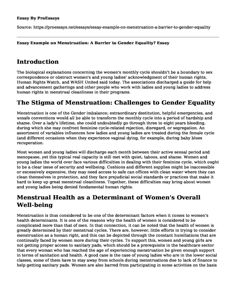 Essay Example on Menstruation: A Barrier to Gender Equality?