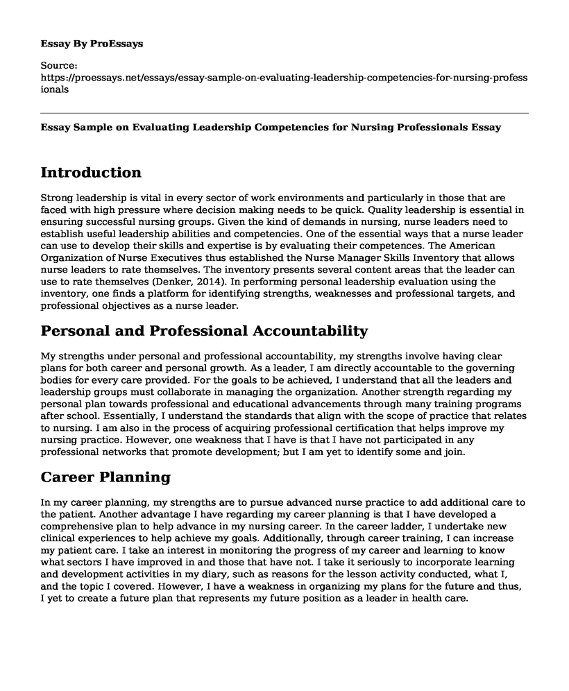 Essay Sample on Evaluating Leadership Competencies for Nursing Professionals