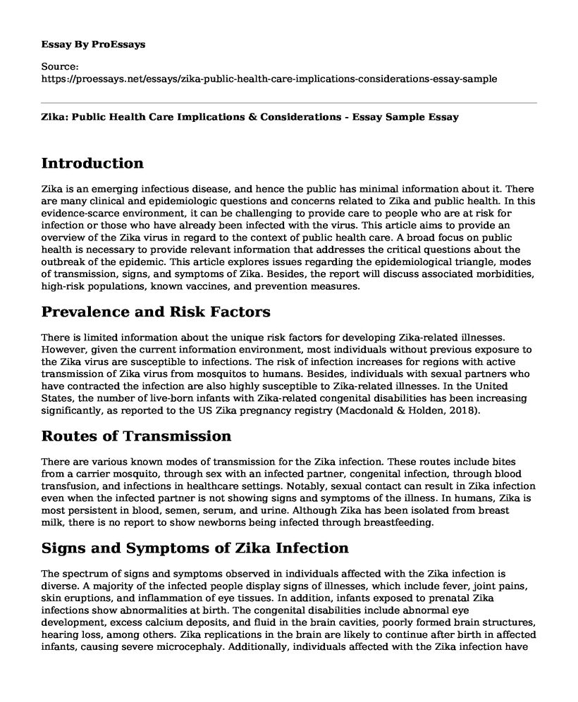 Zika: Public Health Care Implications & Considerations - Essay Sample
