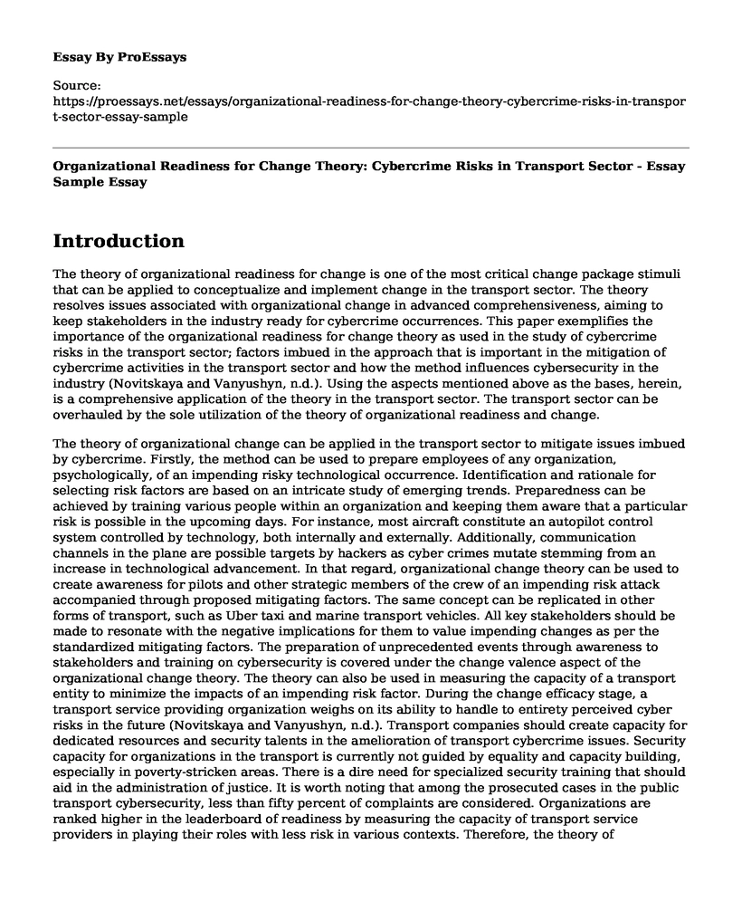 Organizational Readiness for Change Theory: Cybercrime Risks in Transport Sector - Essay Sample