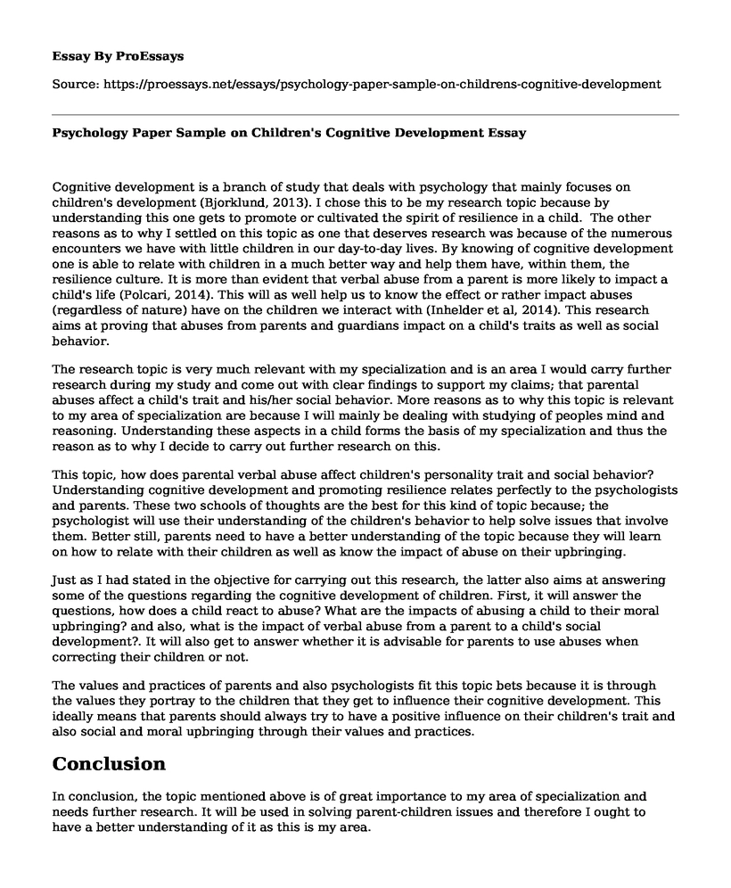 Psychology Paper Sample on Children's Cognitive Development