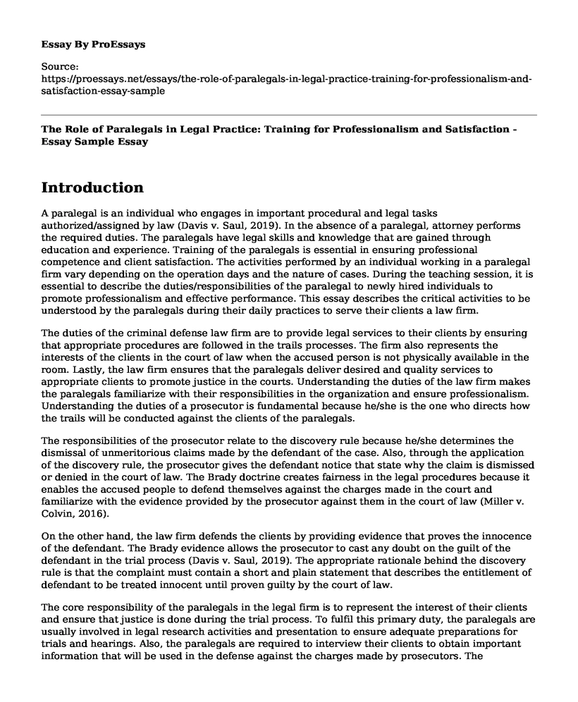 The Role of Paralegals in Legal Practice: Training for Professionalism and Satisfaction - Essay Sample