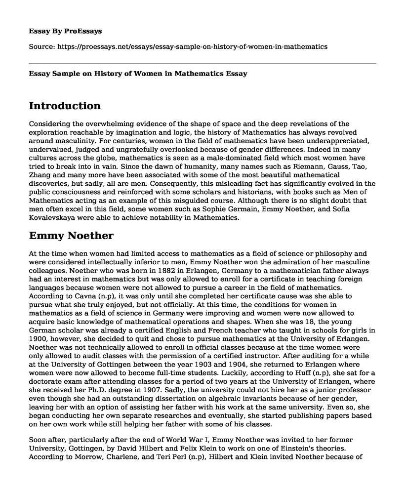 Essay Sample on History of Women in Mathematics