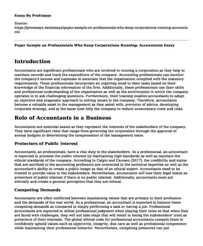 Paper Sample on Professionals Who Keep Corporations Running: Accountants
