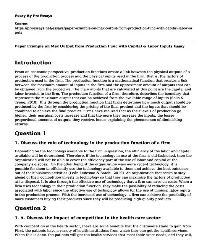 Paper Example on Max Output from Production Func with Capital & Labor Inputs