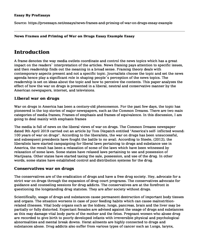 News Frames and Priming of War on Drugs Essay Example