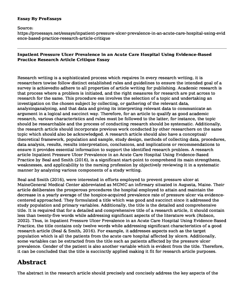 Inpatient Pressure Ulcer Prevalence in an Acute Care Hospital Using Evidence-Based Practice Research Article Critique