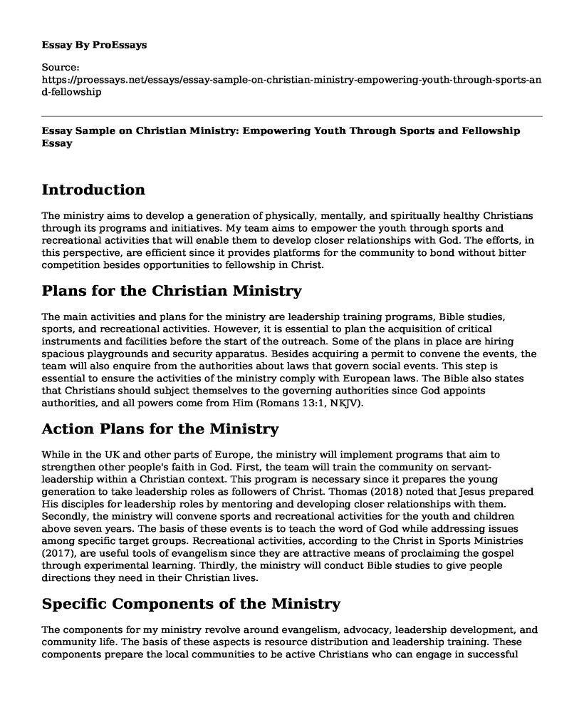 Essay Sample on Christian Ministry: Empowering Youth Through Sports and Fellowship