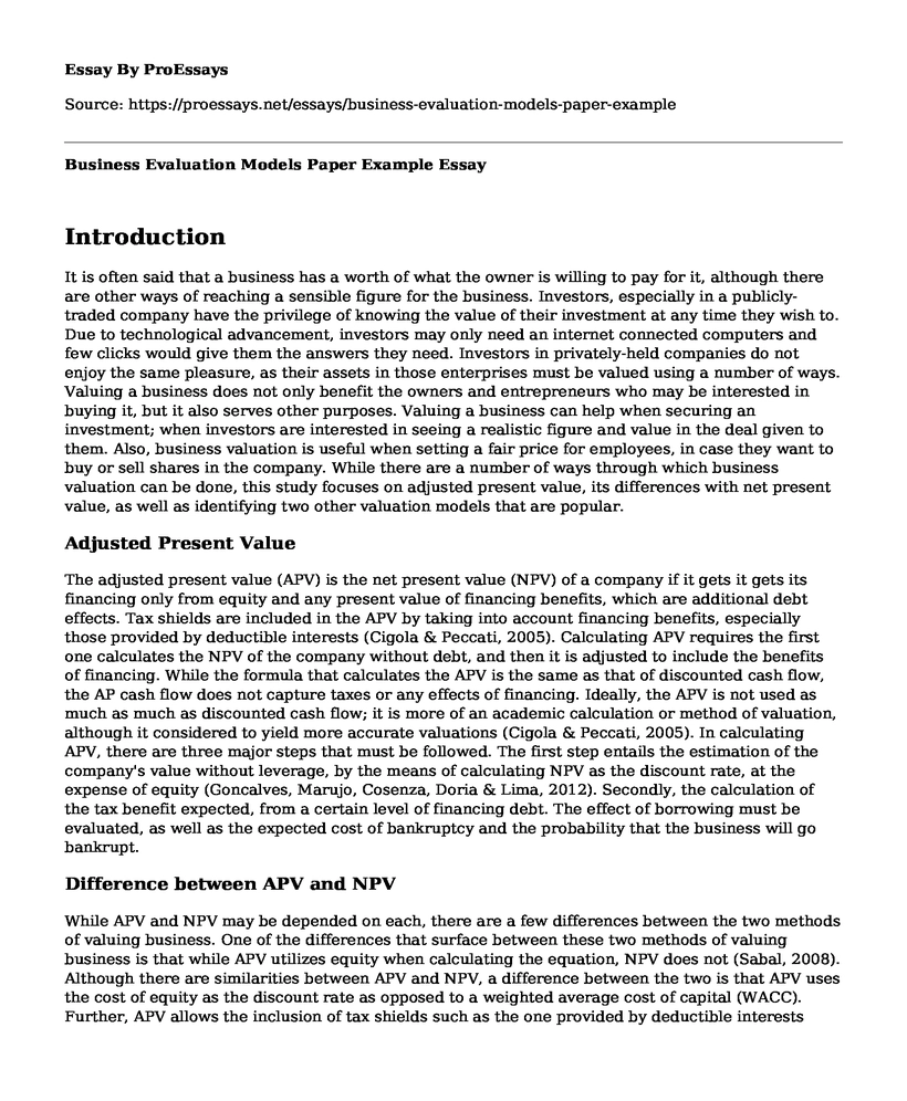 Business Evaluation Models Paper Example