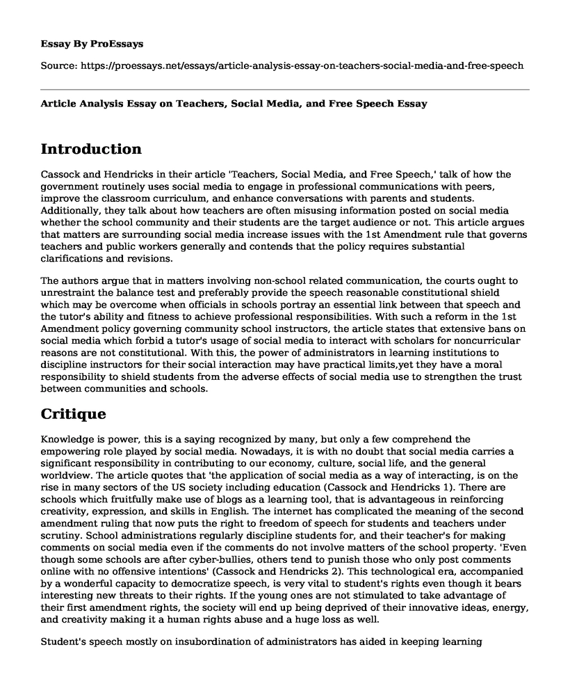 Article Analysis Essay on Teachers, Social Media, and Free Speech