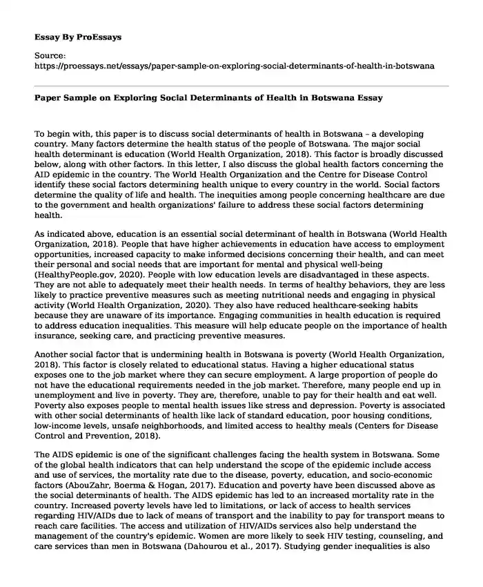 Paper Sample on Exploring Social Determinants of Health in Botswana