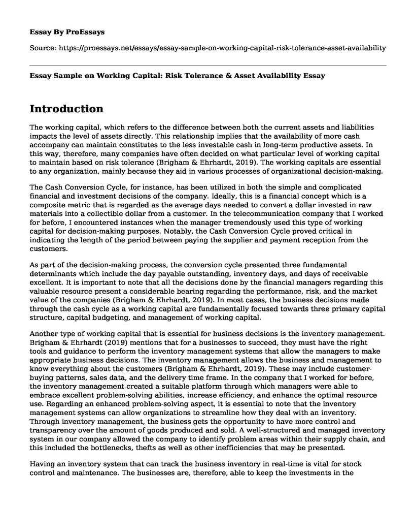 Essay Sample on Working Capital: Risk Tolerance & Asset Availability