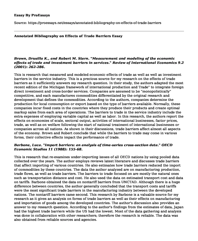 Annotated Bibliography on Effects of Trade Barriers