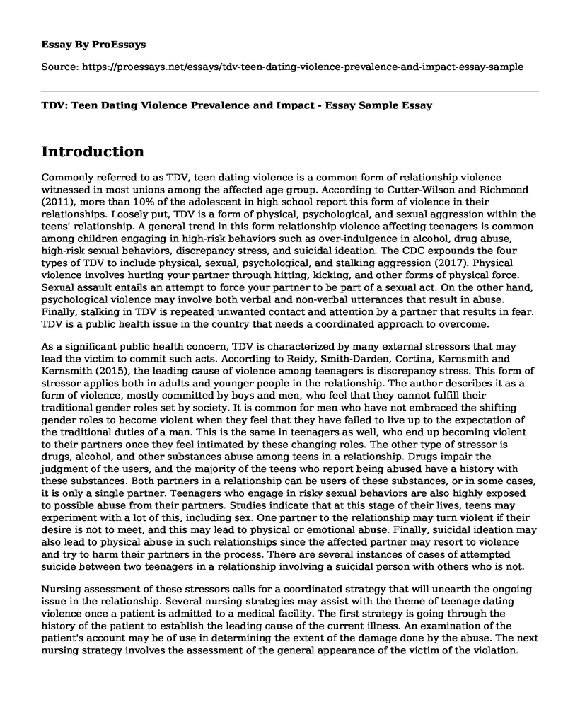 TDV: Teen Dating Violence Prevalence and Impact - Essay Sample